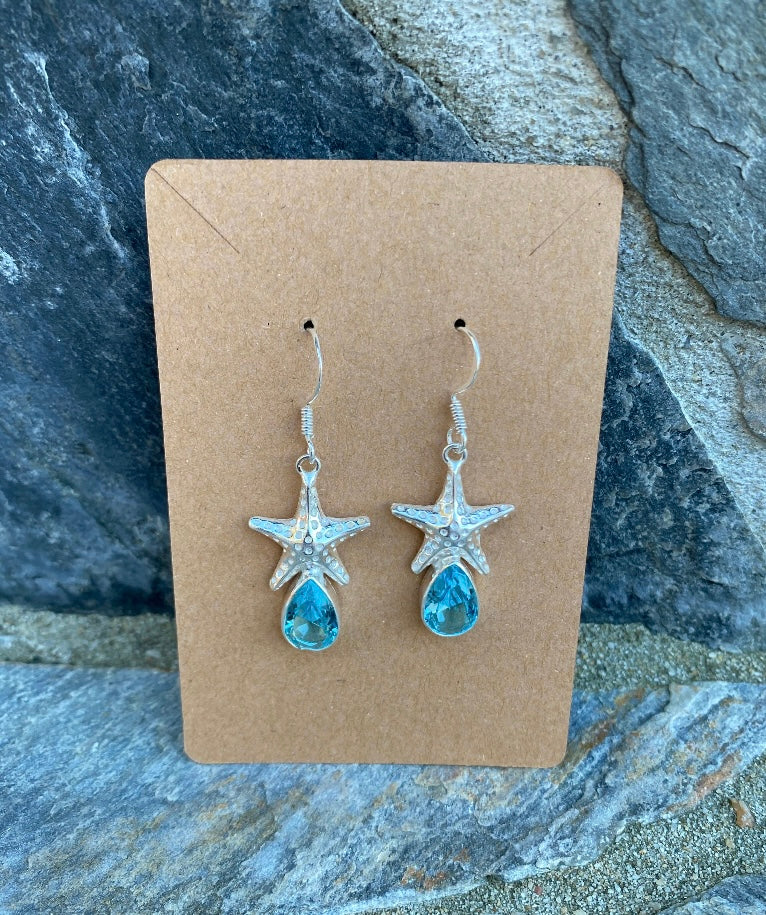 Starfish Earrings With Blue Topaz .925 Sterling Silver