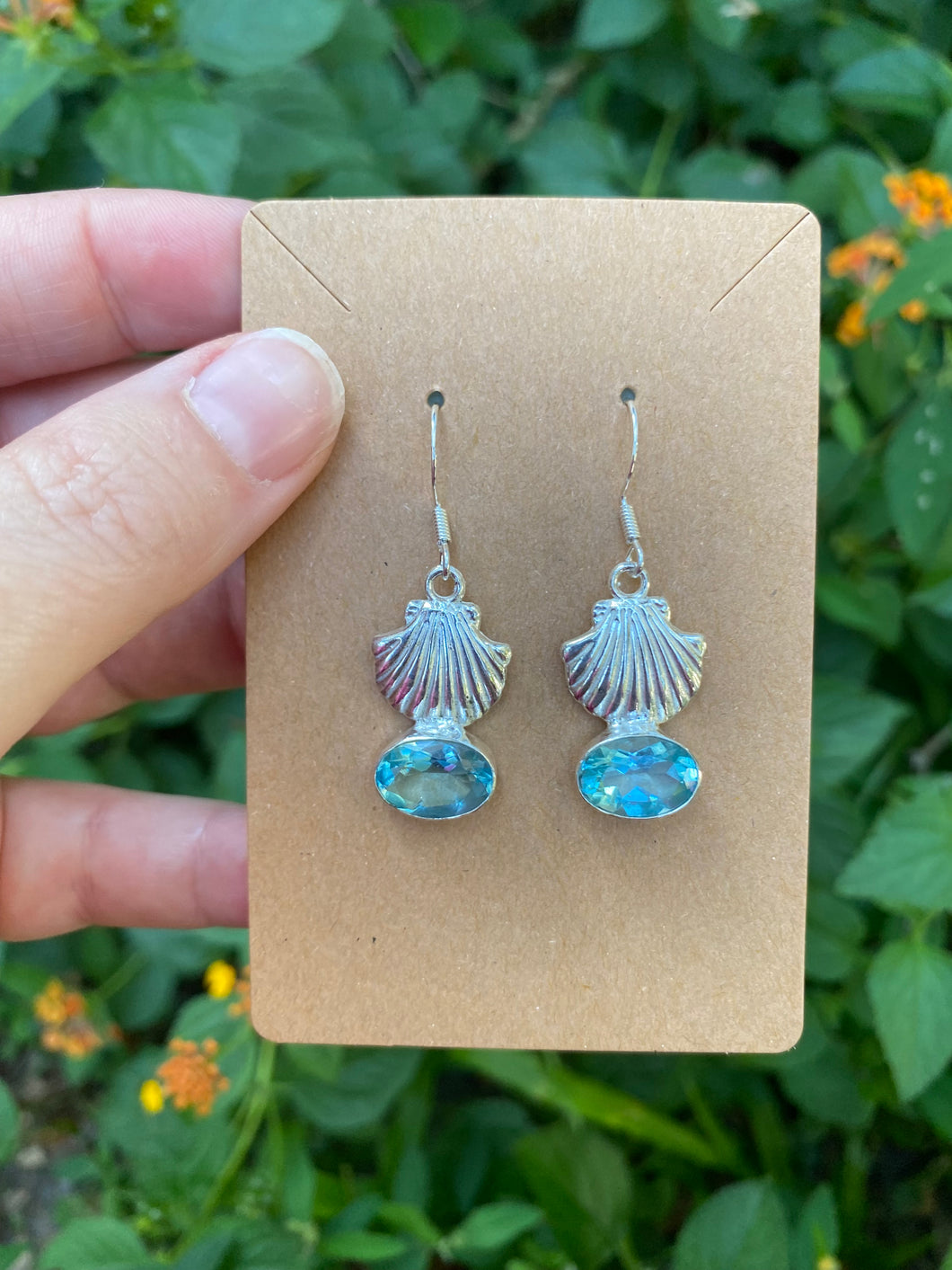 Sterling Silver Seashell & Faceted Blue Topaz Earrings