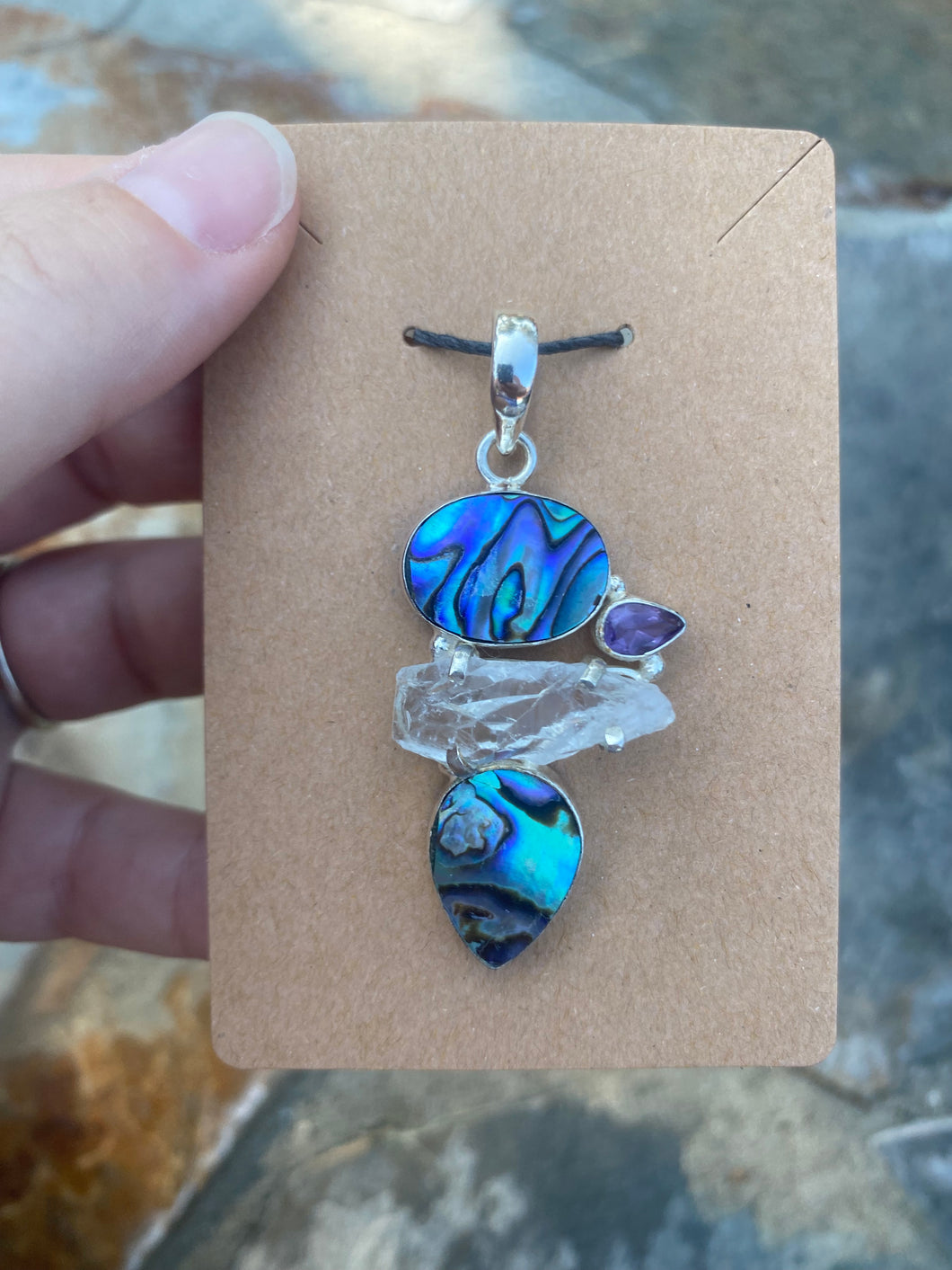 Abalone Shell With Rough Quartz & Faceted Amethyst Pendant .925 Sterling Silver