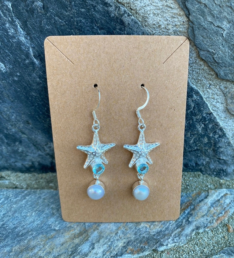 Starfish Earrings With Blue Topaz & Freshwater Pearls
