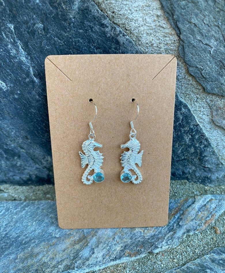 Seahorse Earrings With Blue Topaz .925 Sterling Silver