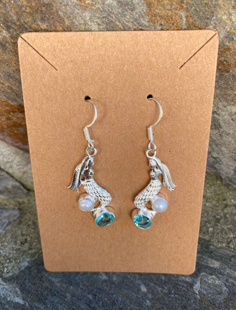 Mermaid Earrings With Freshwater Pearls & Blue Topaz .925 Sterling Silver