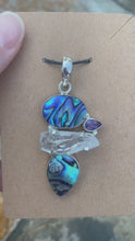 Load and play video in Gallery viewer, Abalone Shell With Rough Quartz &amp; Faceted Amethyst Pendant .925 Sterling Silver
